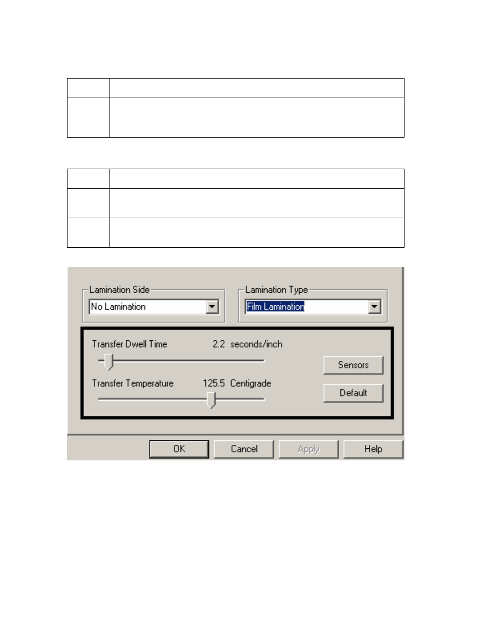 Selecting the sensors button and defaults button | FARGO electronic HDP600 User Manual | Page 282 / 371