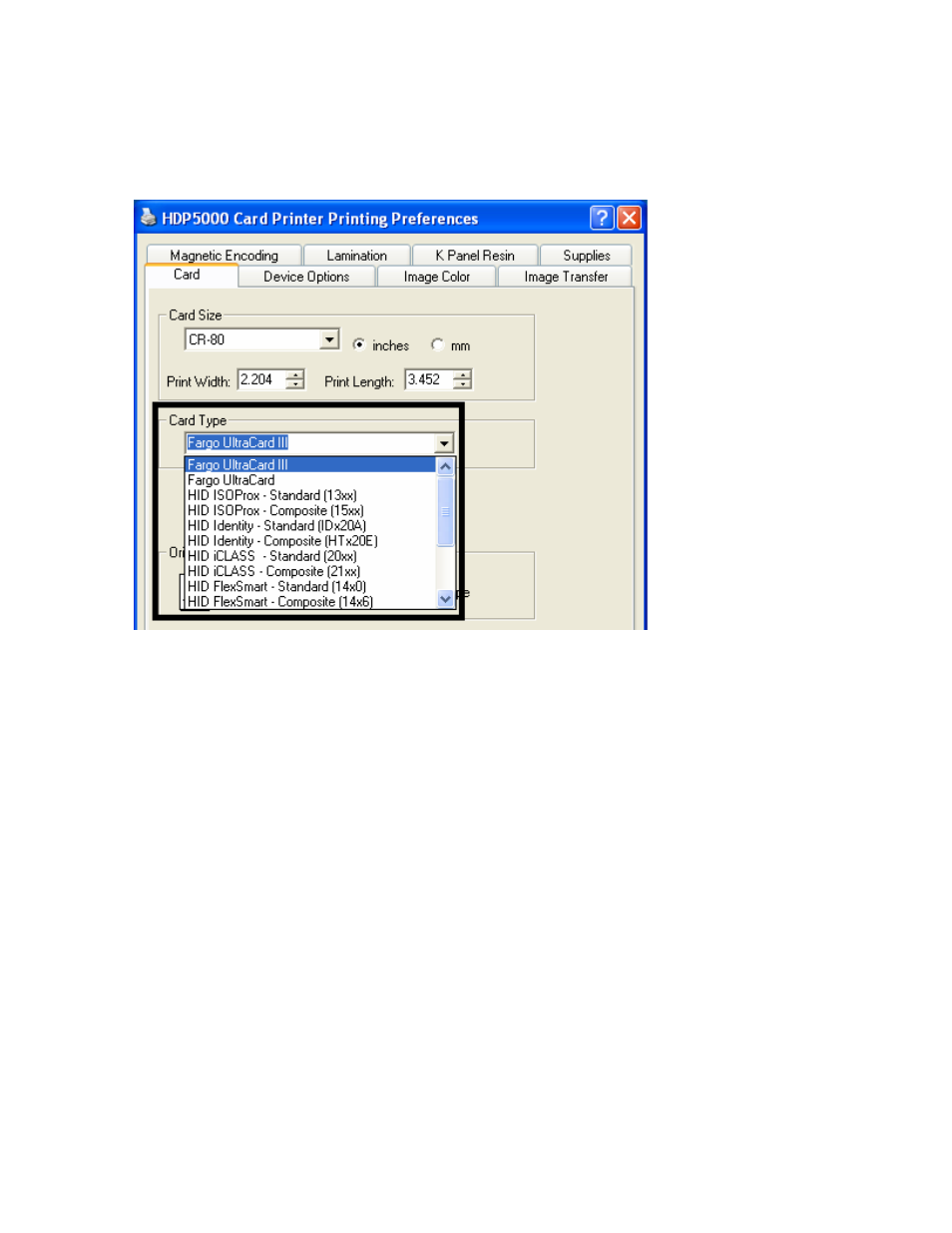 Selecting the card type | FARGO electronic HDP5000 User Manual | Page 219 / 401