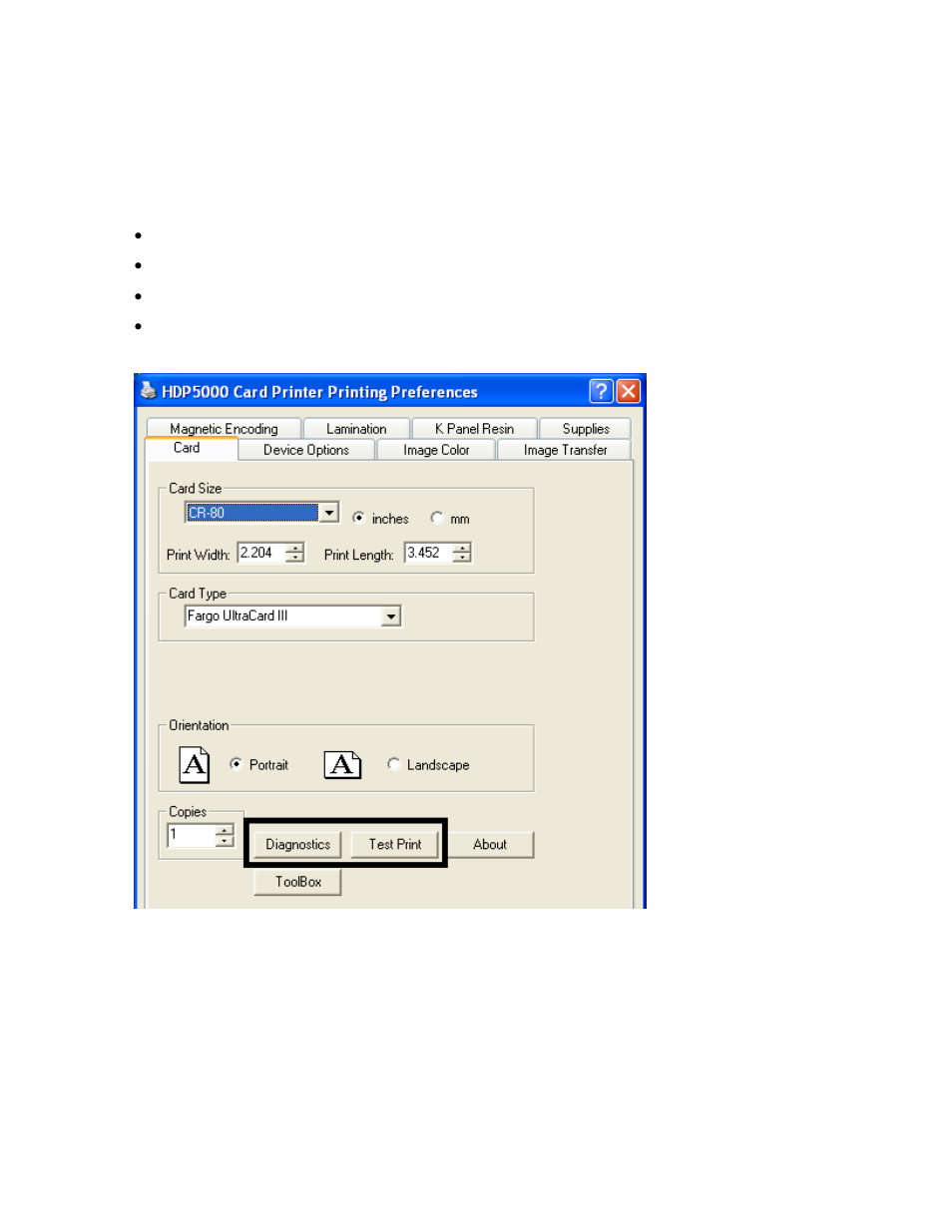 Selecting the test print button, Selecting the test print button -20 | FARGO electronic HDP5000 User Manual | Page 225 / 401