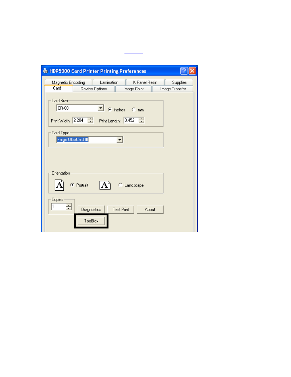 Selecting the toolbox button, Selecting the toolbox button -22 | FARGO electronic HDP5000 User Manual | Page 227 / 401