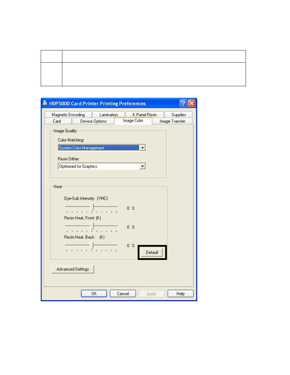Using the default button on the image color tab | FARGO electronic HDP5000 User Manual | Page 256 / 401