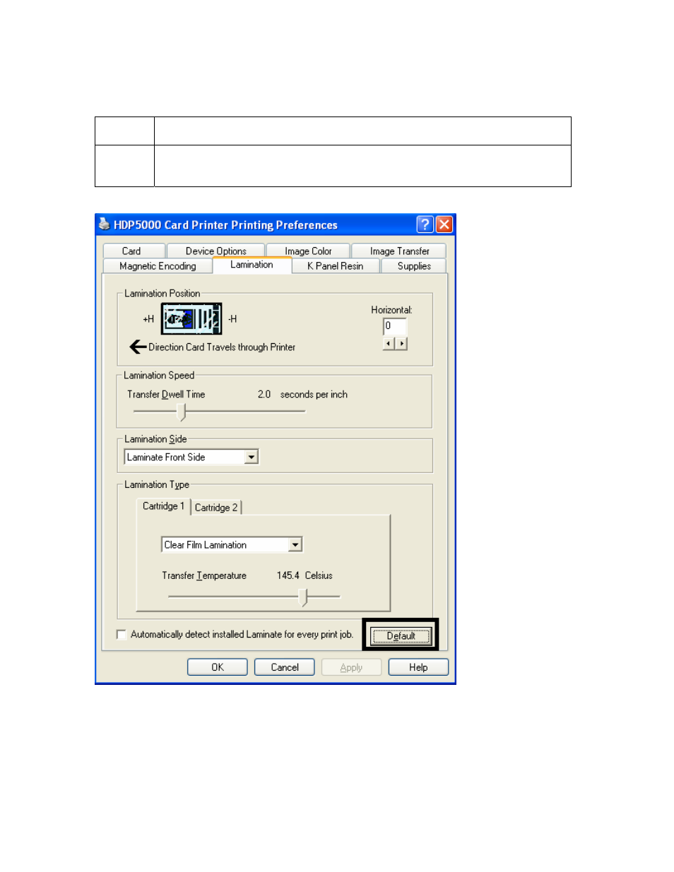 Selecting the defaults button, Selecting the defaults button -90 | FARGO electronic HDP5000 User Manual | Page 295 / 401