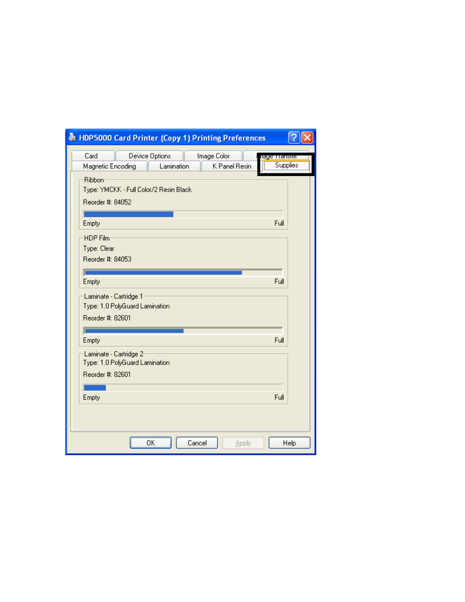 Using the printer supplies tab, Using the printer supplies tab -102 | FARGO electronic HDP5000 User Manual | Page 307 / 401