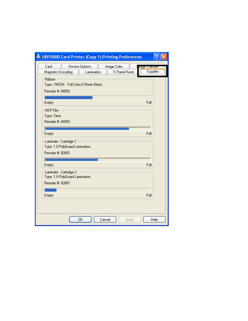 Reviewing information on the supplies tab | FARGO electronic HDP5000 User Manual | Page 309 / 401