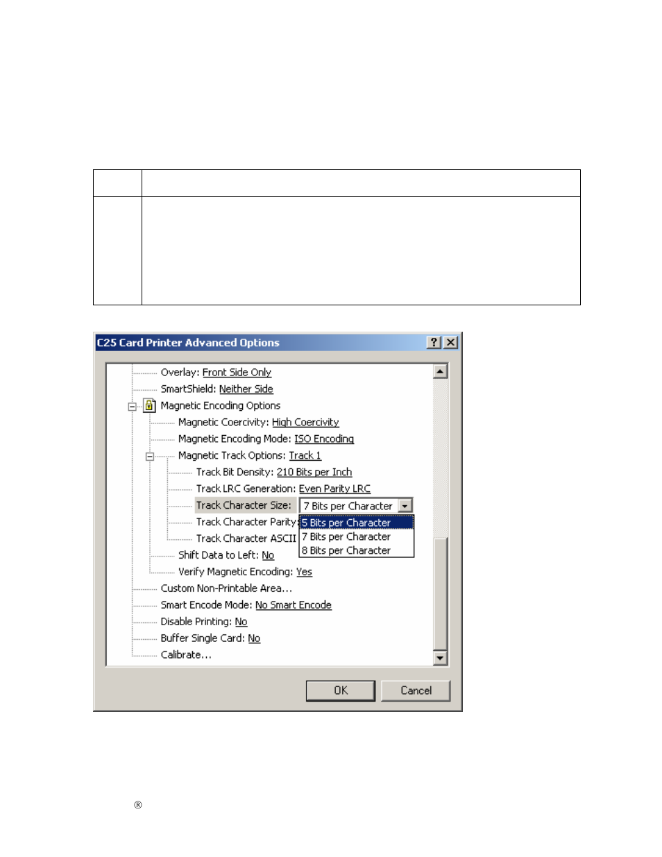 Selecting the track character size option | FARGO electronic S000256 User Manual | Page 110 / 181