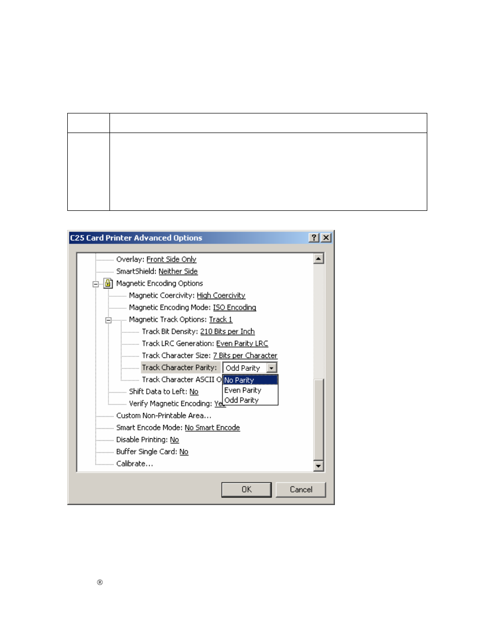 Selecting the track character parity option | FARGO electronic S000256 User Manual | Page 111 / 181