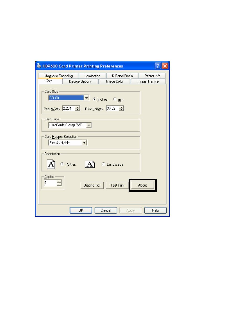 Selecting the about button, Selecting the about button -24 | FARGO electronic HDP600-LC CR100 User Manual | Page 290 / 432