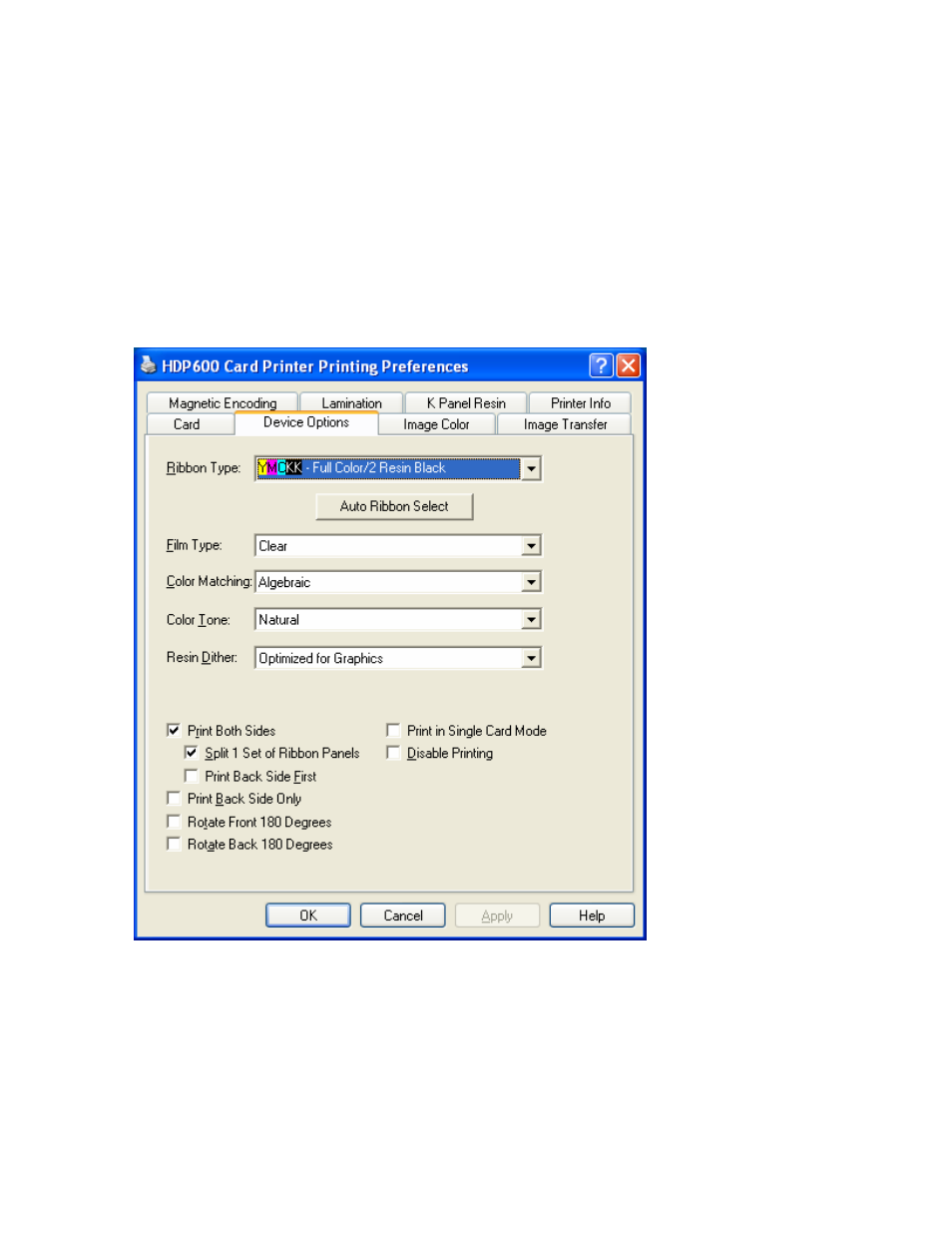 Using the device options tab (hdp600/hdp600-lc) | FARGO electronic HDP600-LC CR100 User Manual | Page 292 / 432