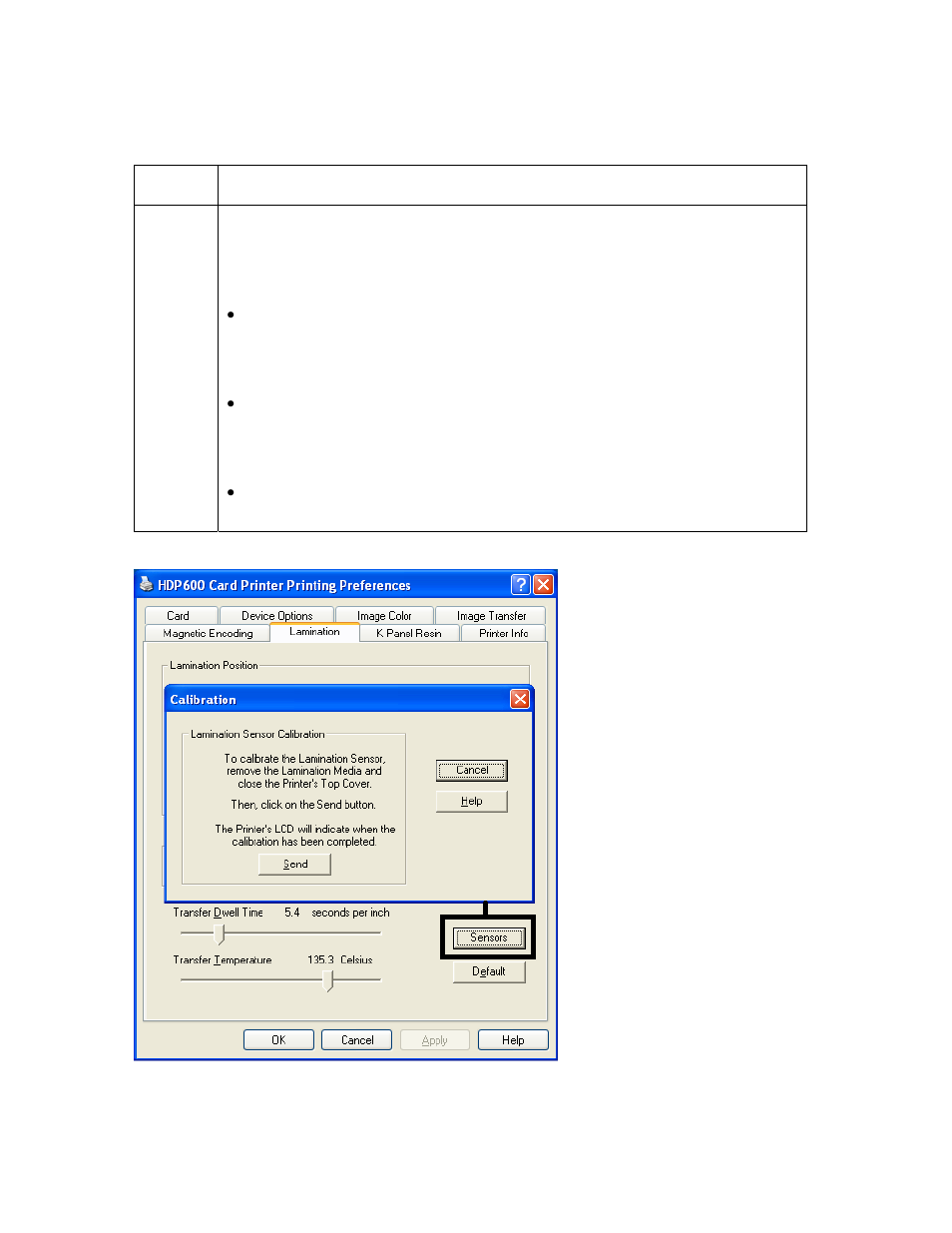 Selecting the sensors button and defaults button | FARGO electronic HDP600-LC CR100 User Manual | Page 343 / 432
