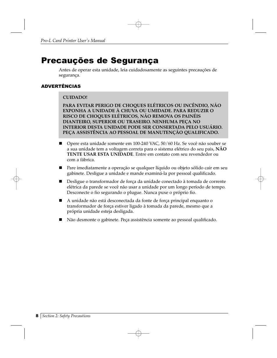 Precauções de segurança | FARGO electronic Pro-L User Manual | Page 13 / 98