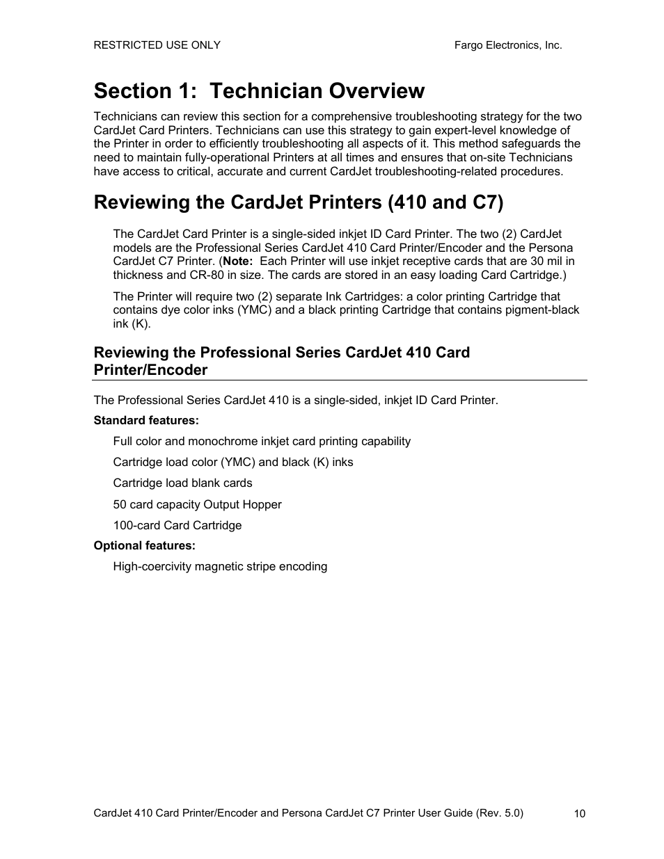 Section 1: technician overview, Reviewing the cardjet printers (410 and c7) | FARGO electronic 410 User Manual | Page 10 / 184