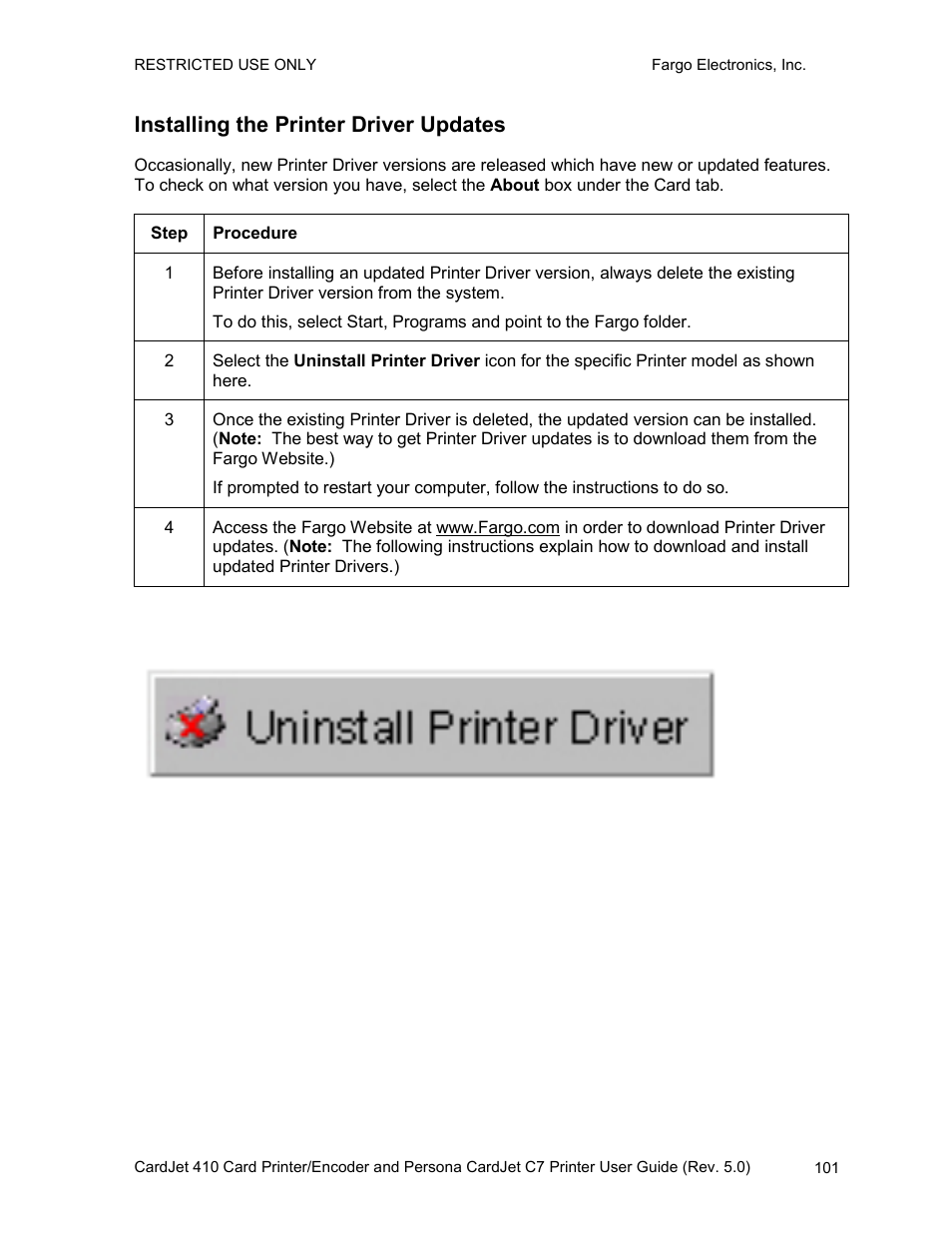 Installing the printer driver updates | FARGO electronic 410 User Manual | Page 101 / 184