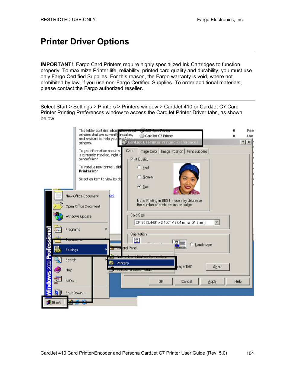 Printer driver options, Selecting the card tab window | FARGO electronic 410 User Manual | Page 104 / 184