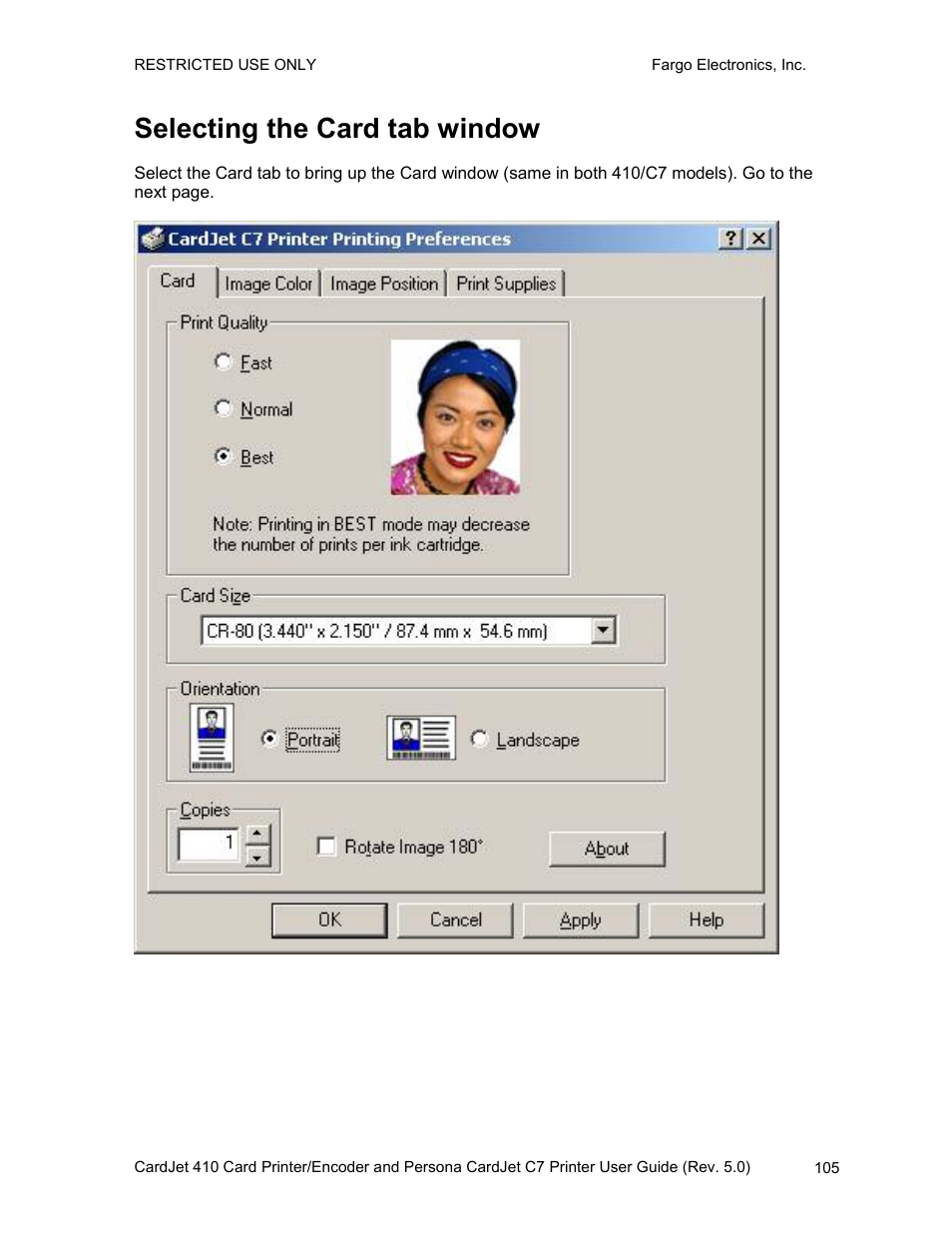 Selecting the card tab window, E selecting the, Print quality (best, normal or fast print modes) | Selecting the print quality (best, normal or fast, Print modes) | FARGO electronic 410 User Manual | Page 105 / 184