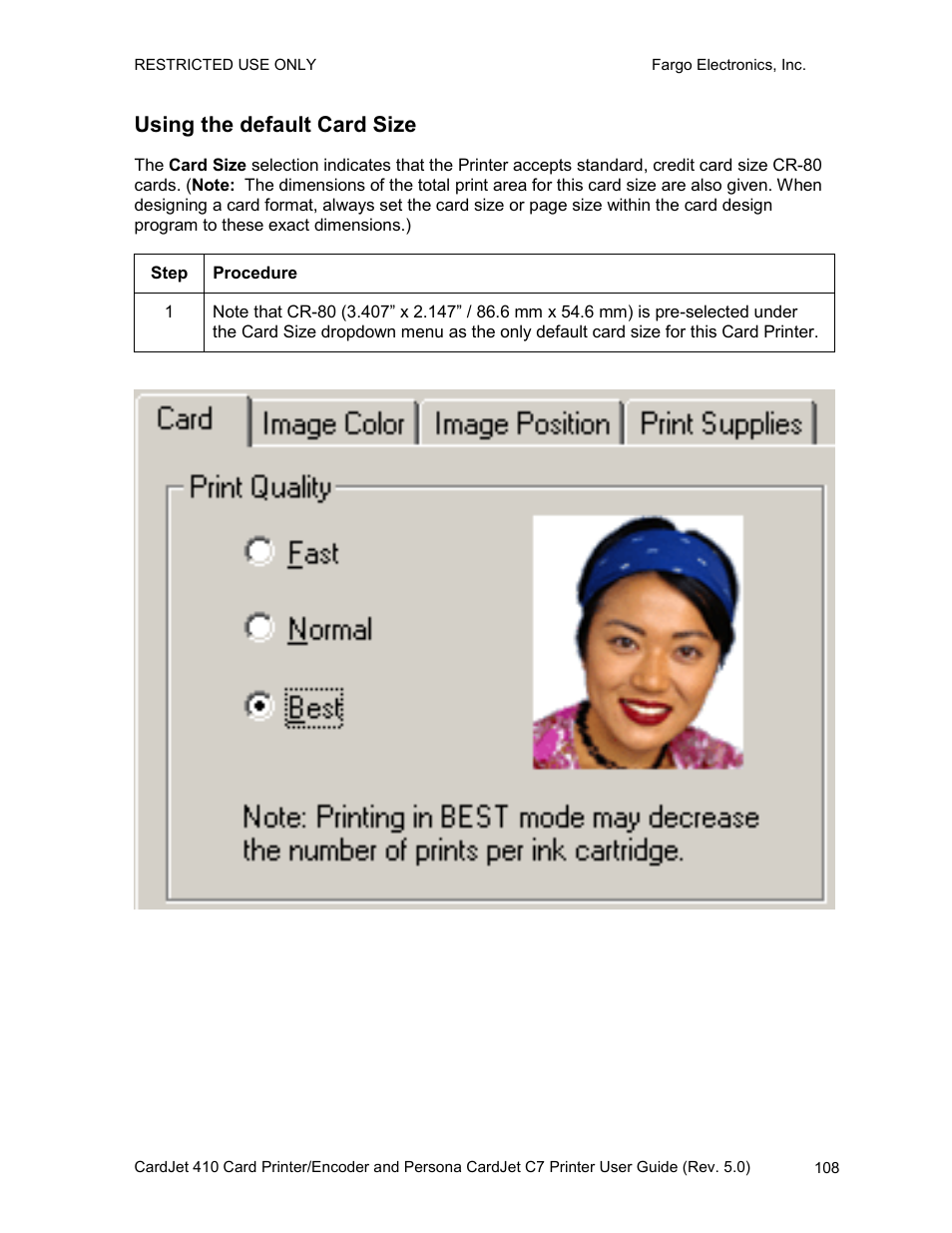 Using the default card size | FARGO electronic 410 User Manual | Page 108 / 184