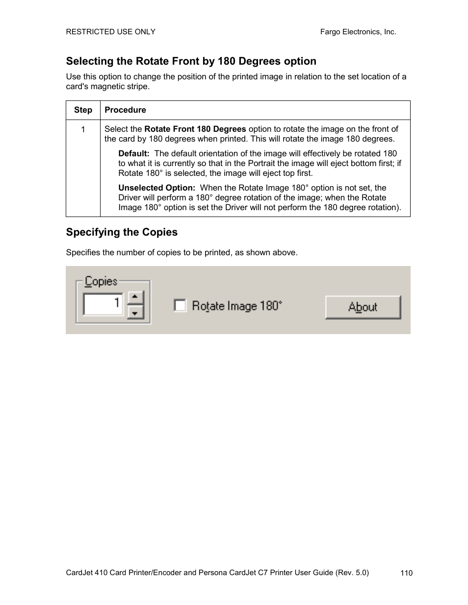 Selecting the rotate front by 180 degrees option, Specifying the copies | FARGO electronic 410 User Manual | Page 110 / 184