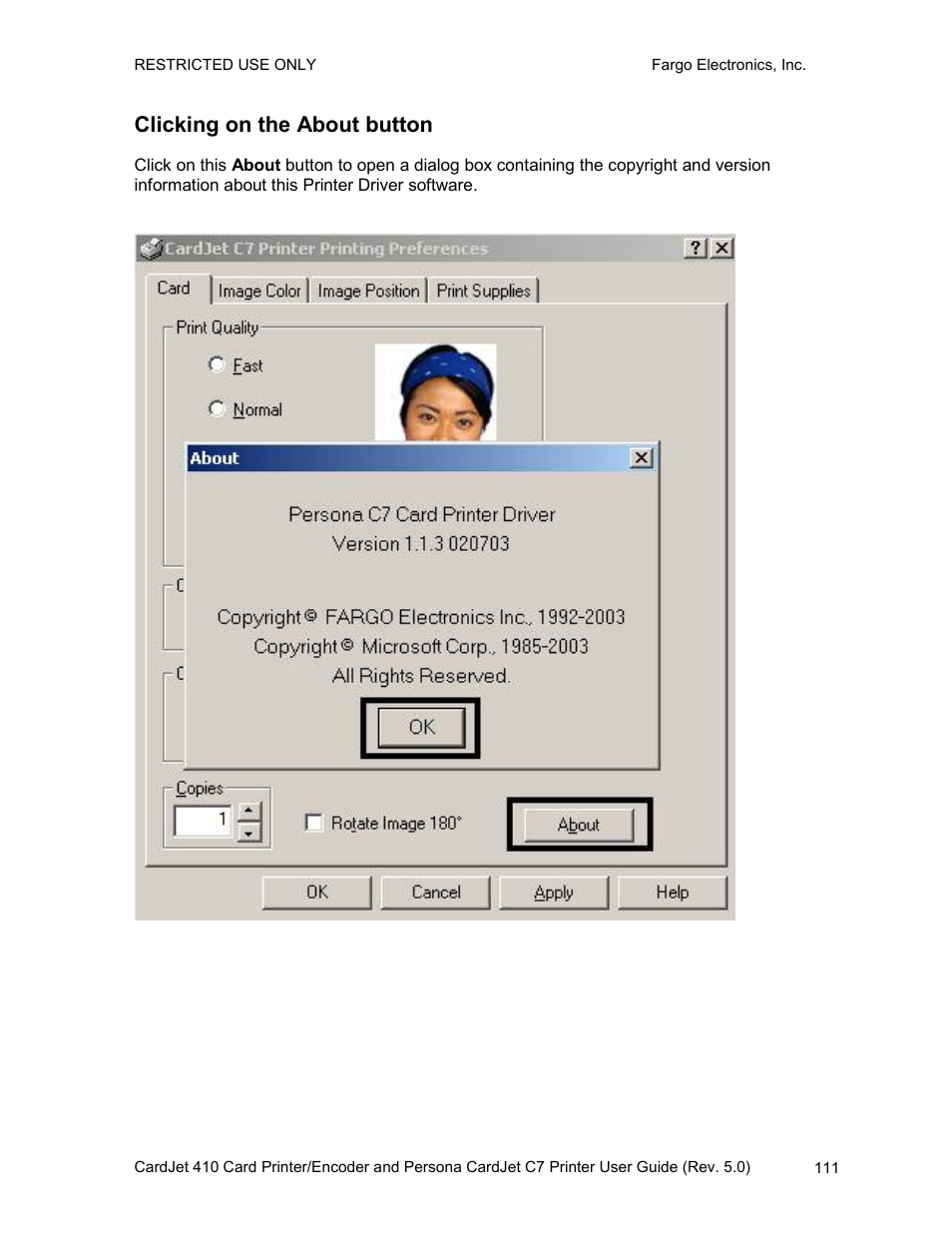 Clicking on the about button, Selecting the image color tab, Selecting the image color | FARGO electronic 410 User Manual | Page 111 / 184