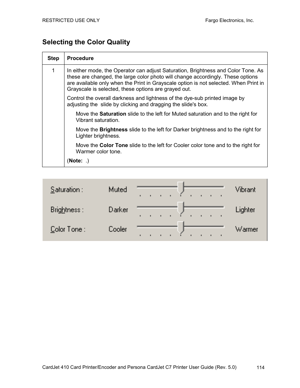 Selecting the color quality, Selecting the print in grayscale checkbox | FARGO electronic 410 User Manual | Page 114 / 184