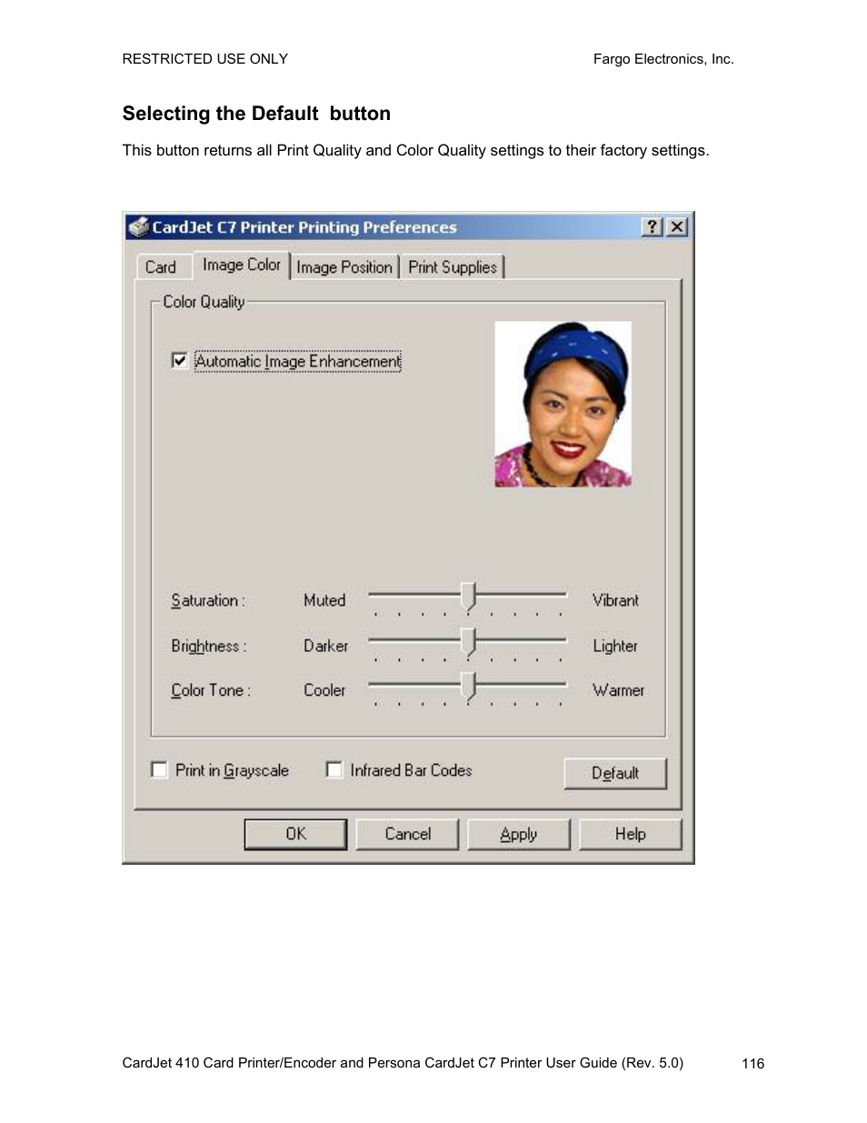Selecting the default button, Image position tab | FARGO electronic 410 User Manual | Page 116 / 184