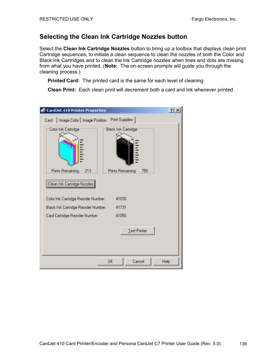 Selecting the clean ink cartridge nozzles button | FARGO electronic 410 User Manual | Page 136 / 184