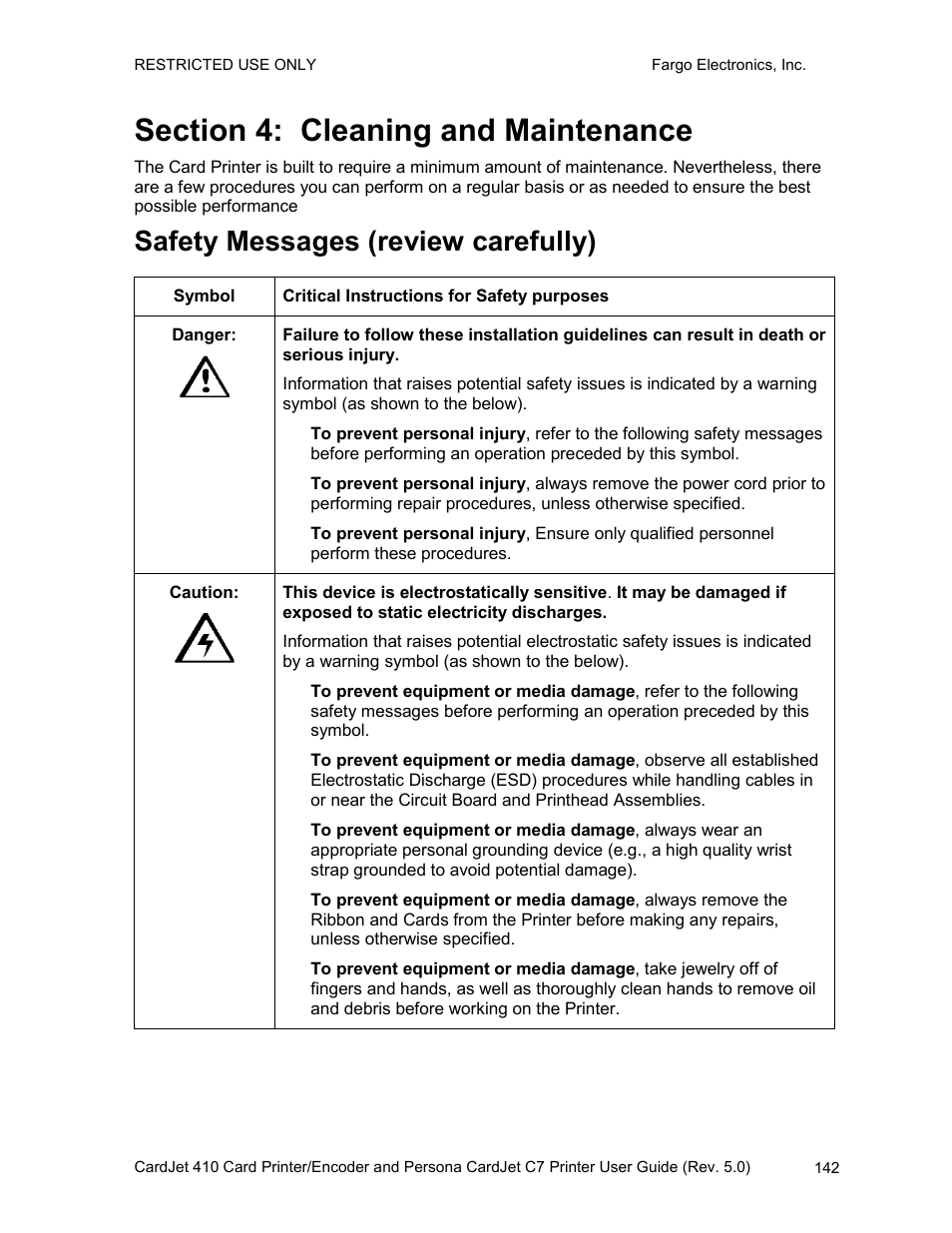 Section 4: cleaning and maintenance, Safety messages (review carefully) | FARGO electronic 410 User Manual | Page 142 / 184