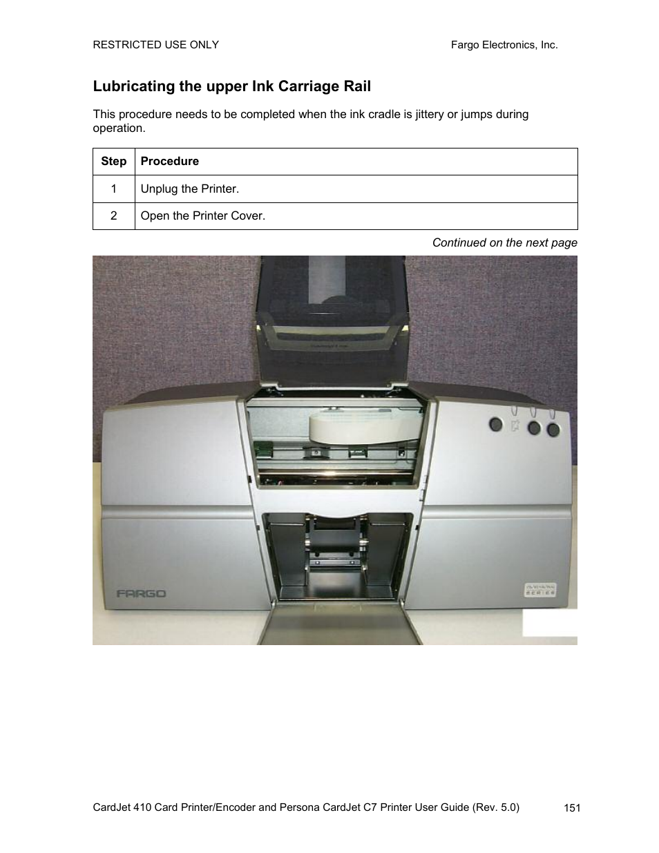Lubricating the upper ink carriage rail | FARGO electronic 410 User Manual | Page 151 / 184