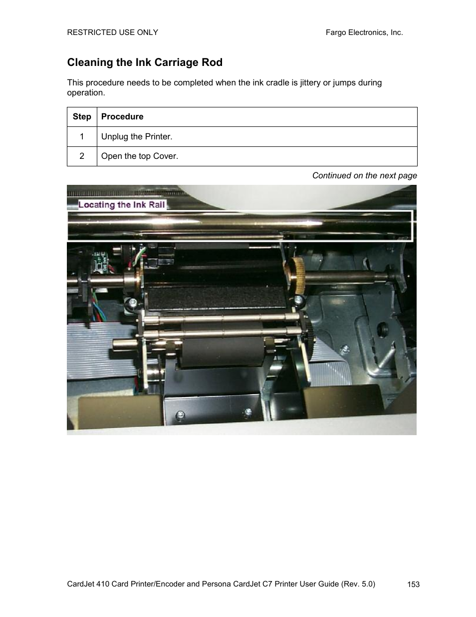 Cleaning the ink carriage rod | FARGO electronic 410 User Manual | Page 153 / 184