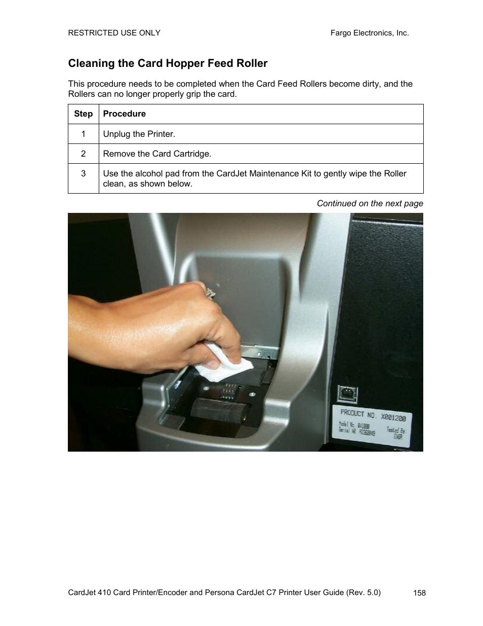 Cleaning the card hopper feed roller | FARGO electronic 410 User Manual | Page 158 / 184