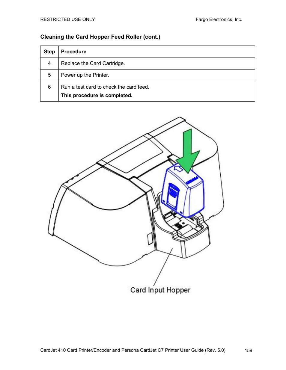Cleaning the card hopper feed roller (cont.) | FARGO electronic 410 User Manual | Page 159 / 184