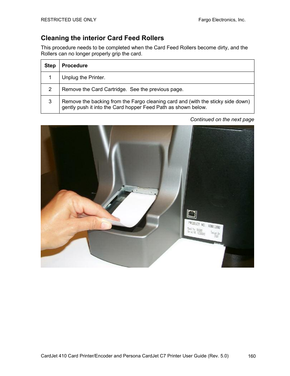 Cleaning the interior card feed rollers | FARGO electronic 410 User Manual | Page 160 / 184