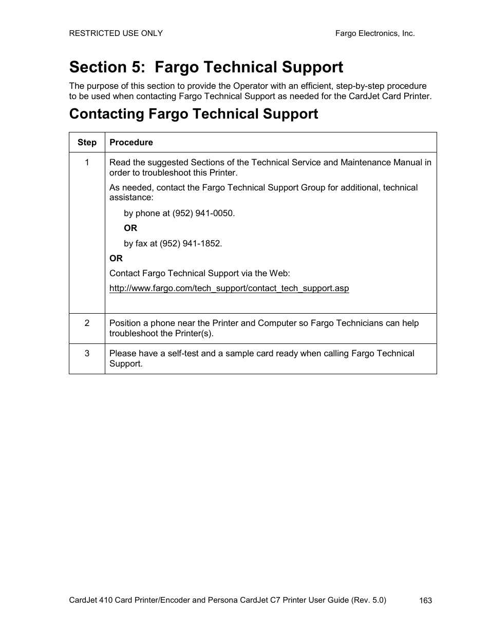 Section 5: fargo technical support, Contacting fargo technical support | FARGO electronic 410 User Manual | Page 163 / 184