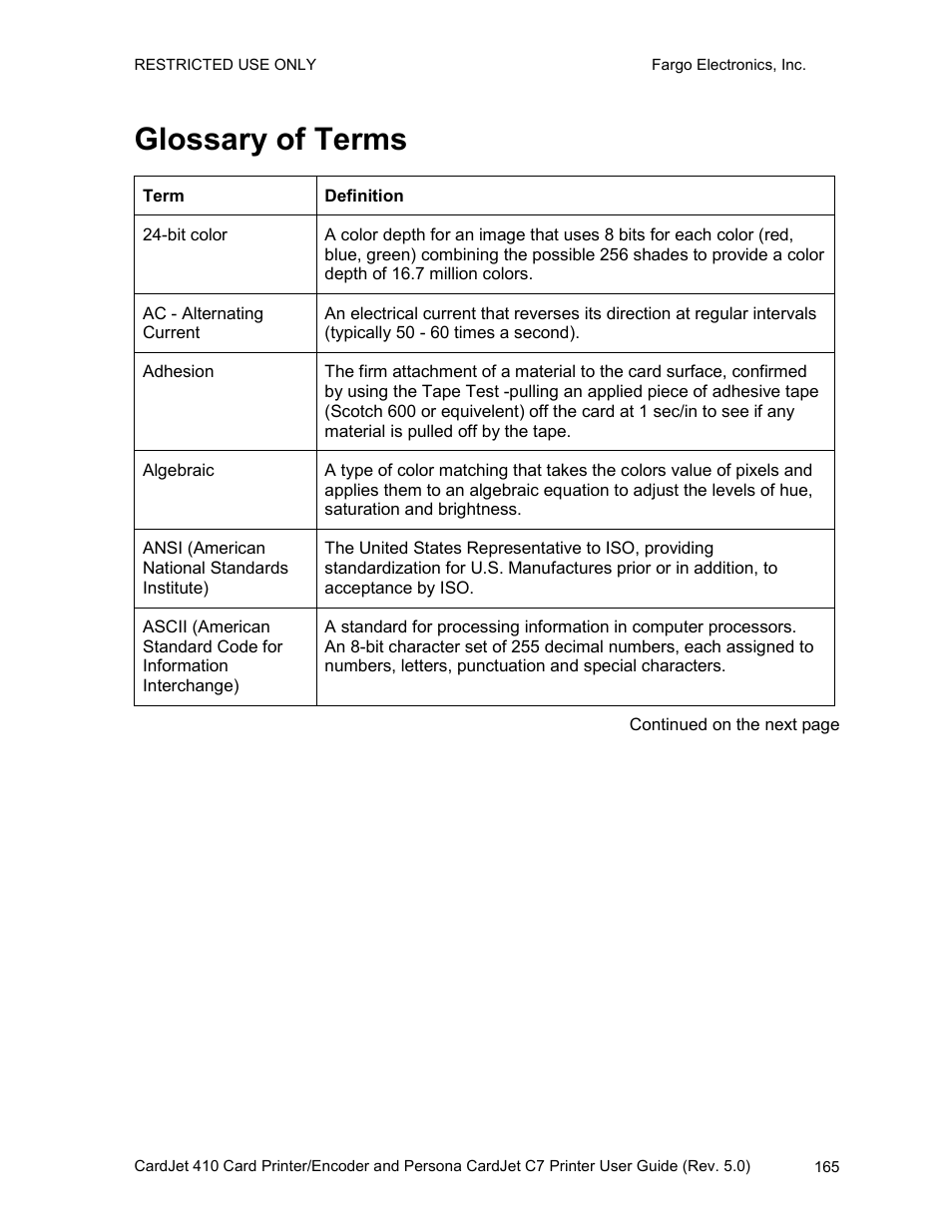 Glossary of terms | FARGO electronic 410 User Manual | Page 165 / 184