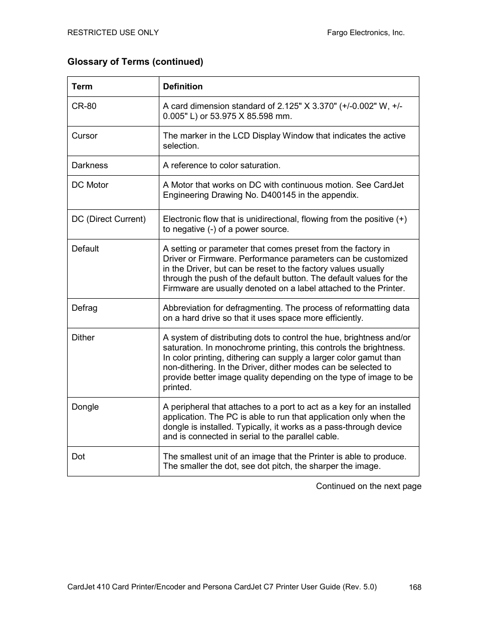 Glossary of terms (continued) | FARGO electronic 410 User Manual | Page 168 / 184