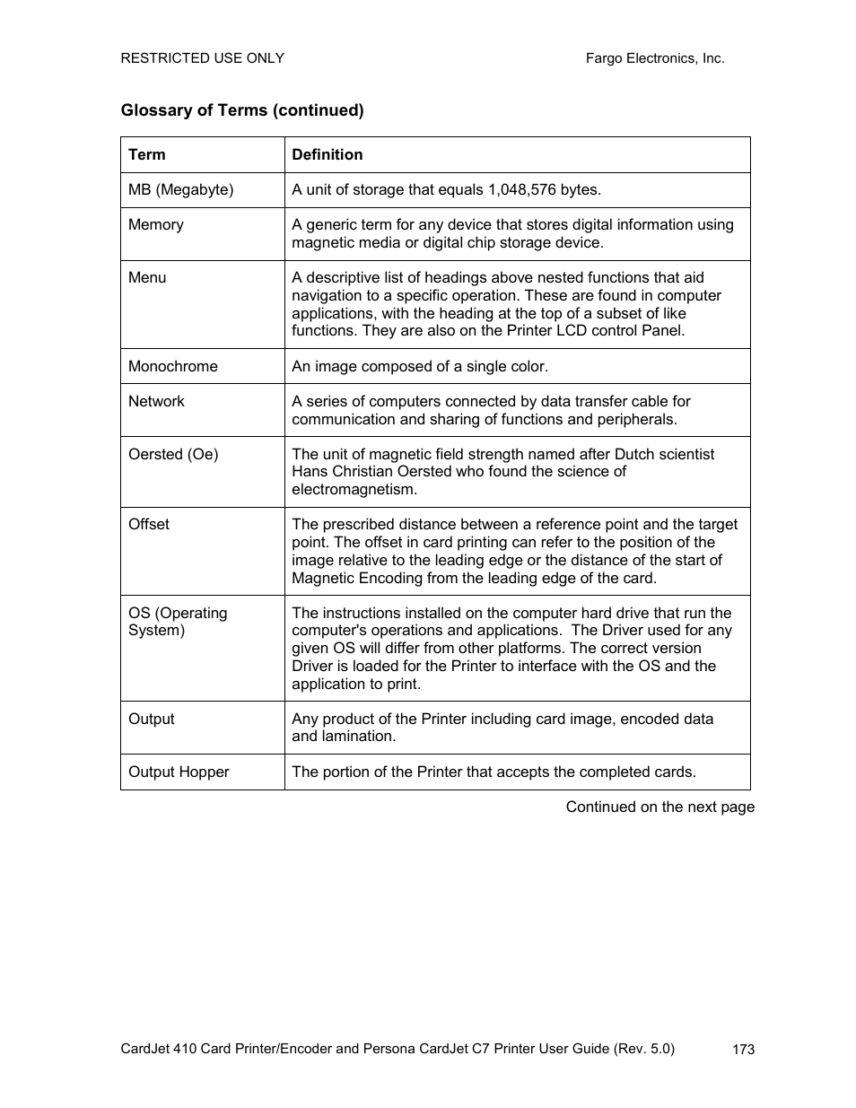 Glossary of terms (continued) | FARGO electronic 410 User Manual | Page 173 / 184