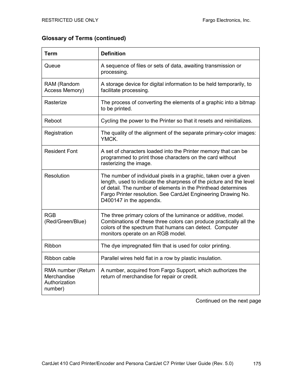 Glossary of terms (continued) | FARGO electronic 410 User Manual | Page 175 / 184