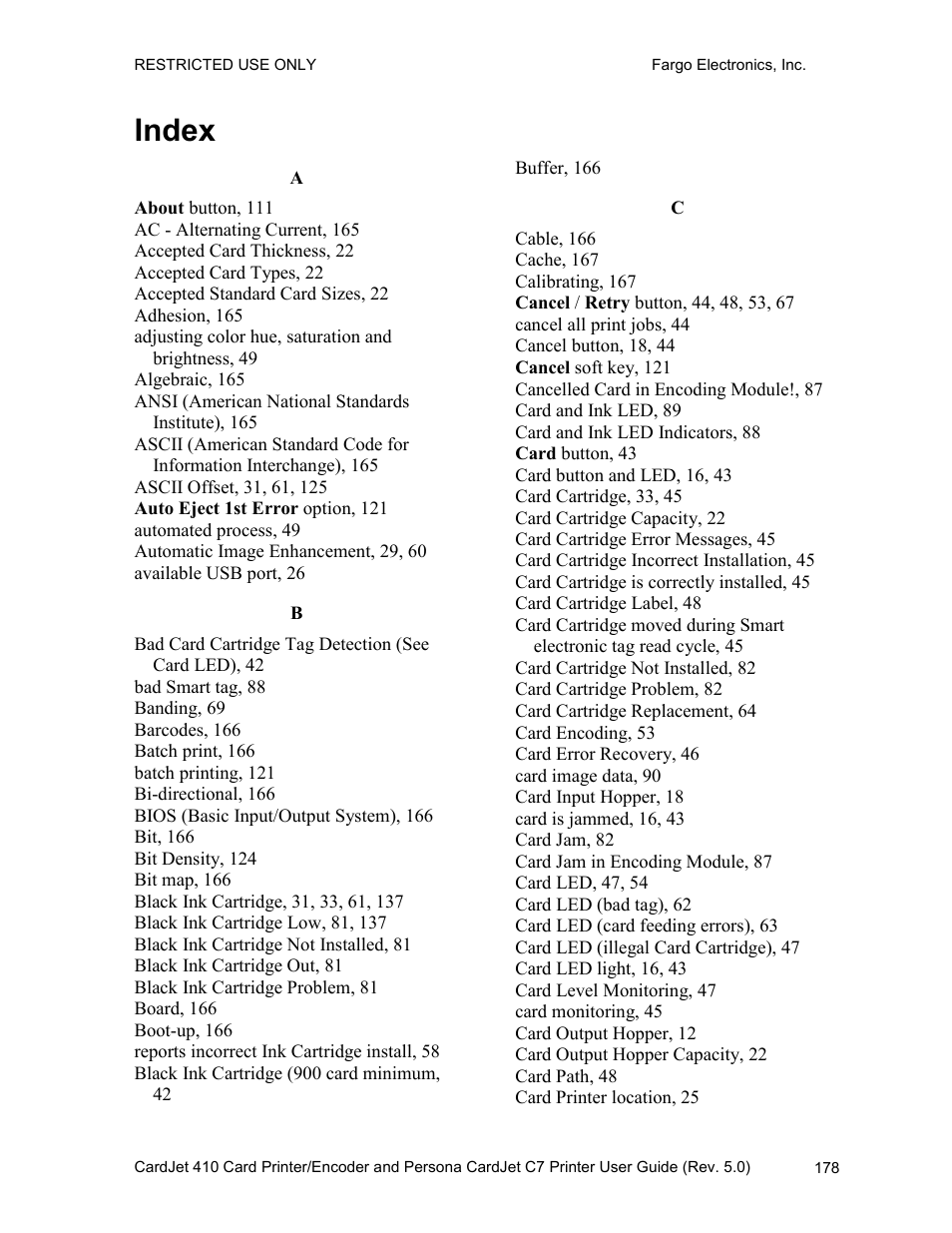 Index | FARGO electronic 410 User Manual | Page 178 / 184