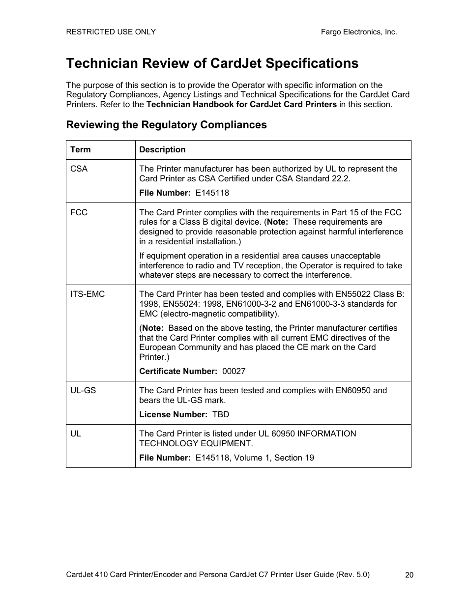 Technician review of cardjet specifications, Reviewing the regulatory compliances | FARGO electronic 410 User Manual | Page 20 / 184