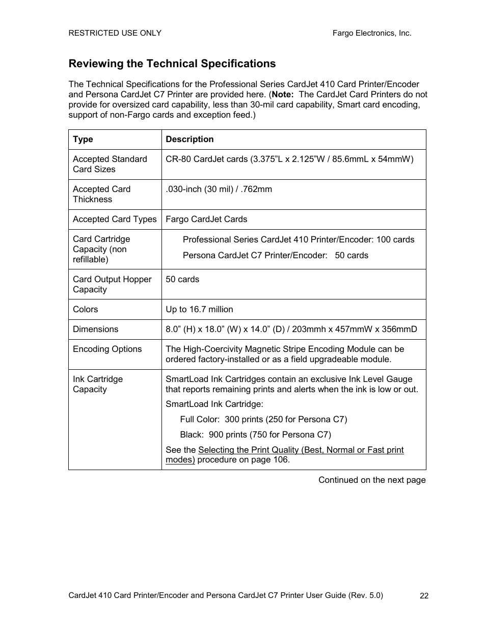 Reviewing the technical specifications | FARGO electronic 410 User Manual | Page 22 / 184