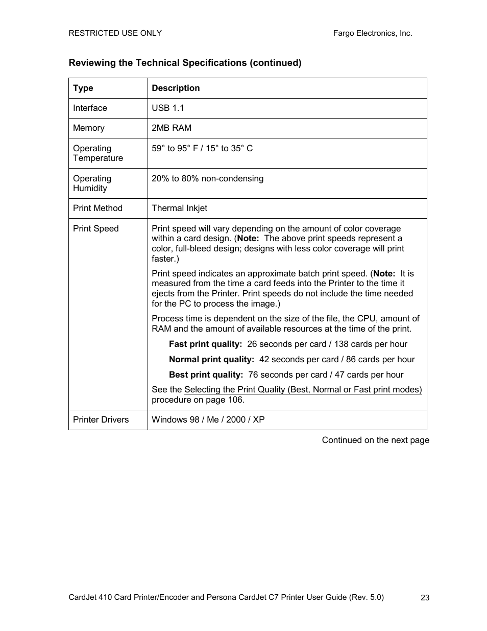 Reviewing the technical specifications (continued) | FARGO electronic 410 User Manual | Page 23 / 184