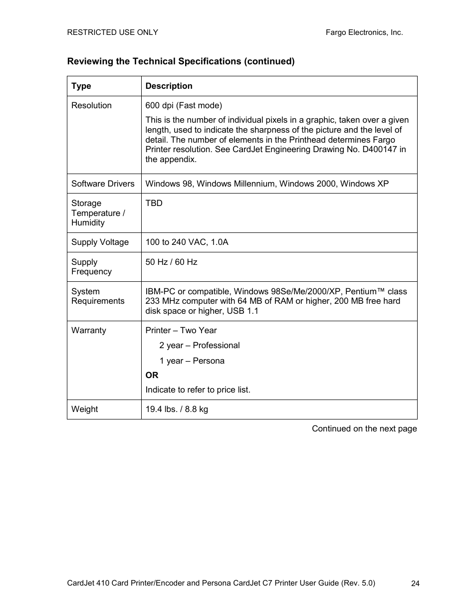 Reviewing the technical specifications (continued) | FARGO electronic 410 User Manual | Page 24 / 184