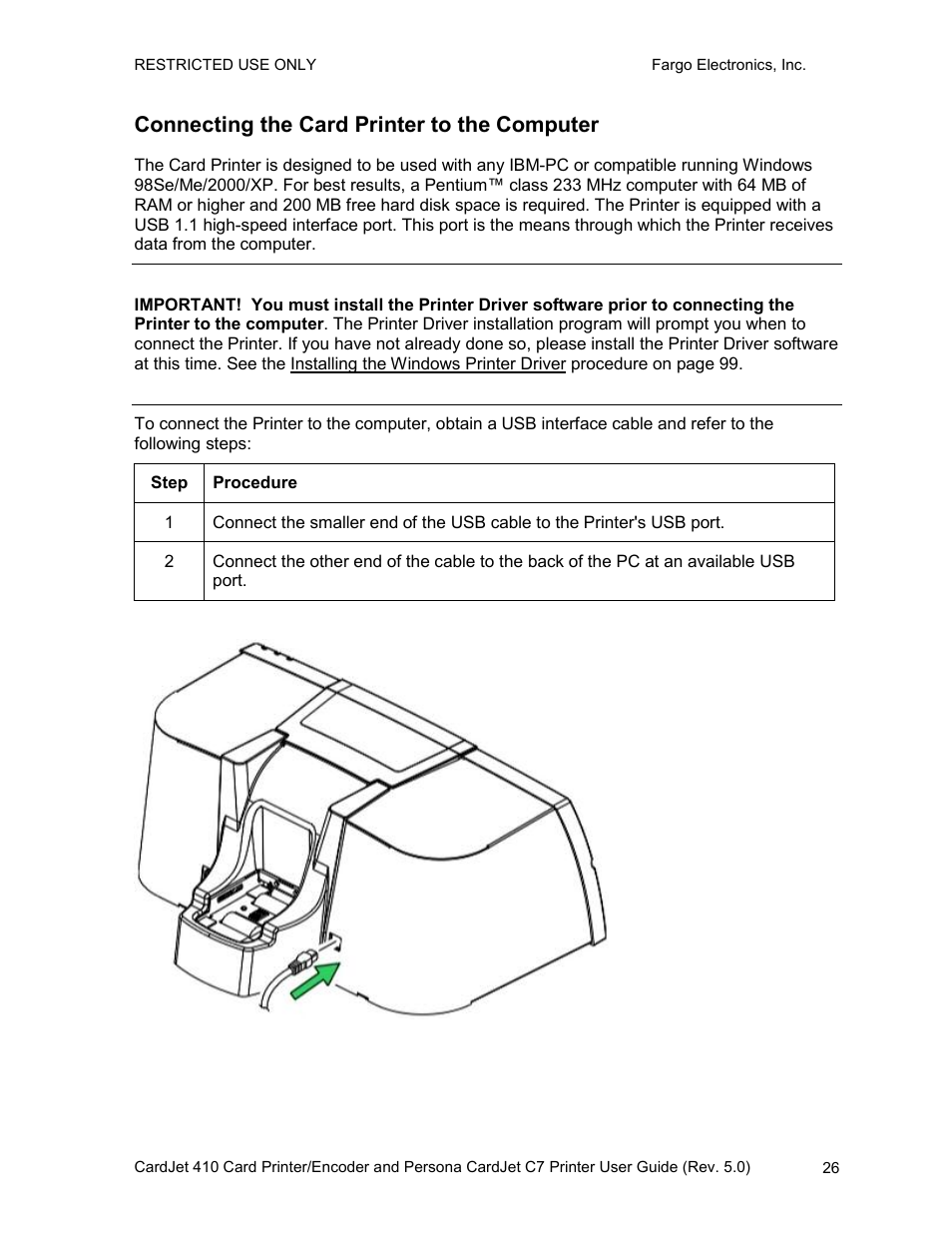 Connecting the card printer to the computer | FARGO electronic 410 User Manual | Page 26 / 184
