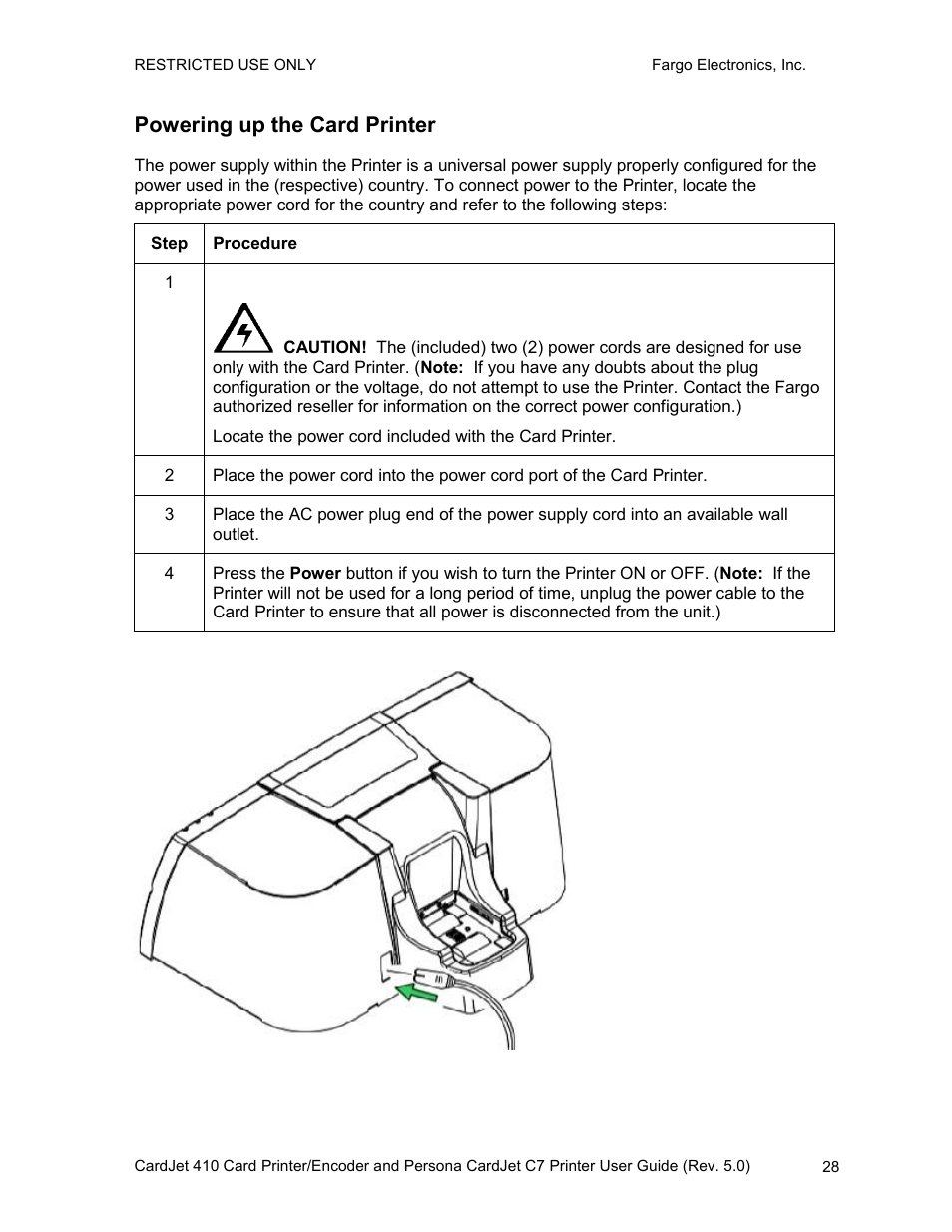 Powering up the card printer | FARGO electronic 410 User Manual | Page 28 / 184
