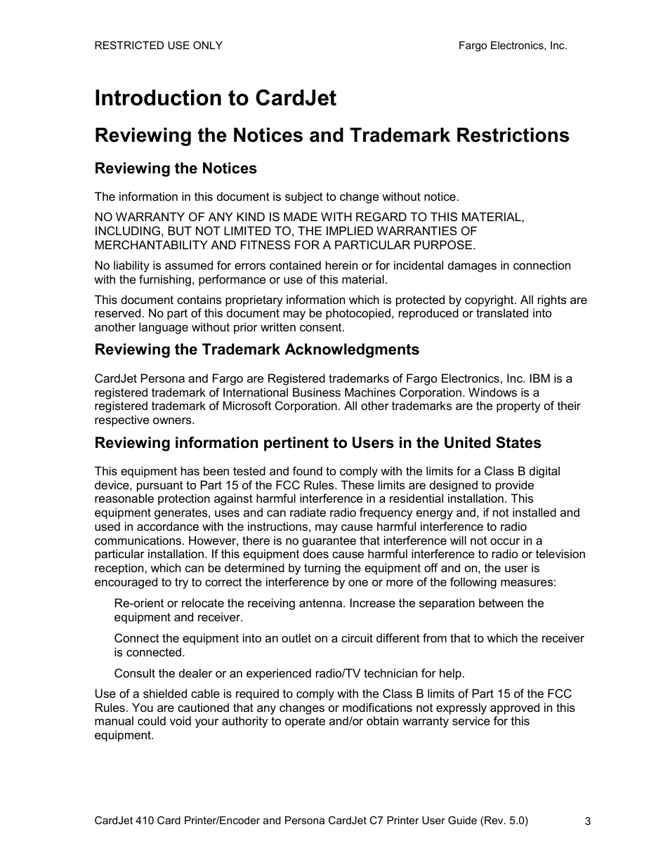 Reviewing the notices and trademark restrictions, Reviewing the notices, Reviewing the trademark acknowledgments | Introduction to cardjet | FARGO electronic 410 User Manual | Page 3 / 184