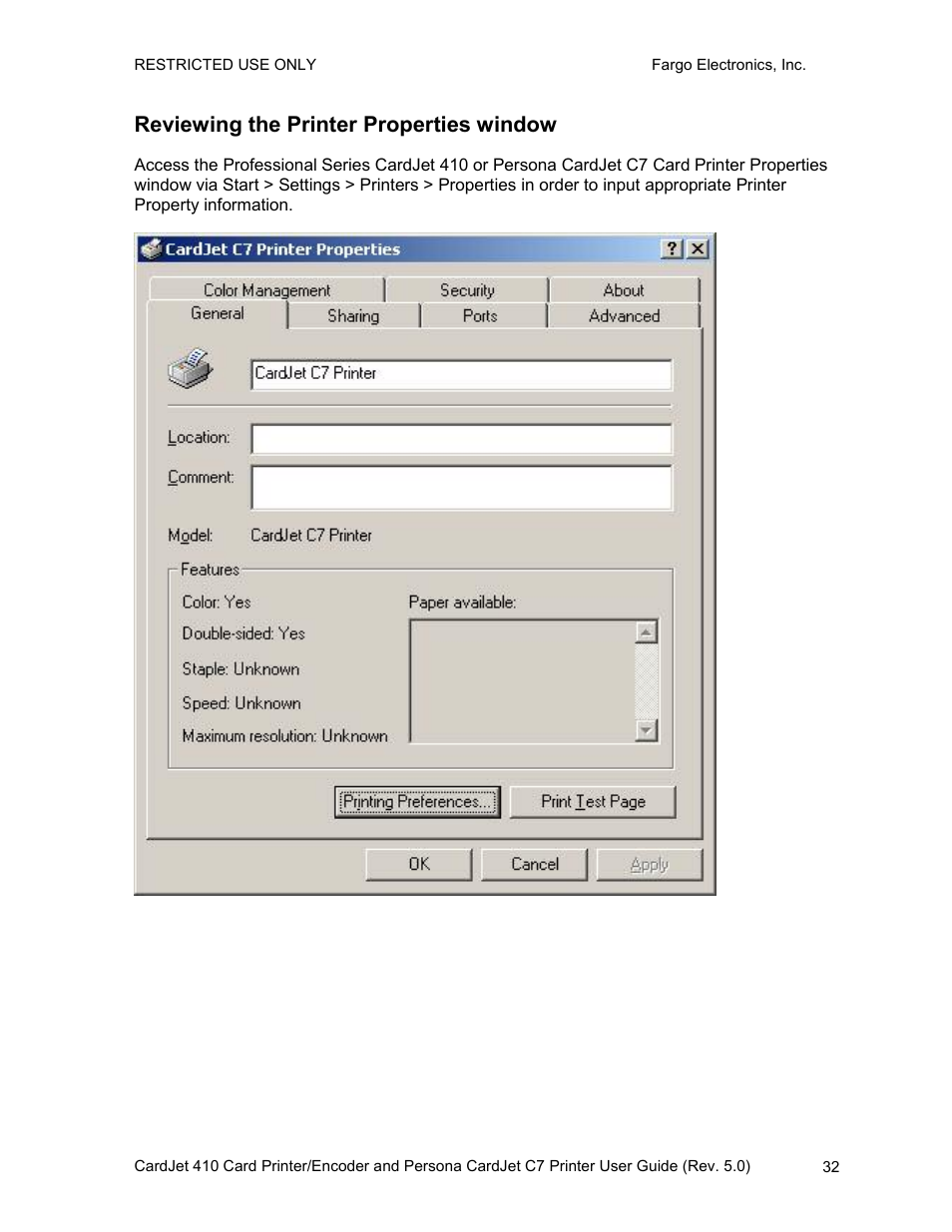 Reviewing the printer properties window | FARGO electronic 410 User Manual | Page 32 / 184