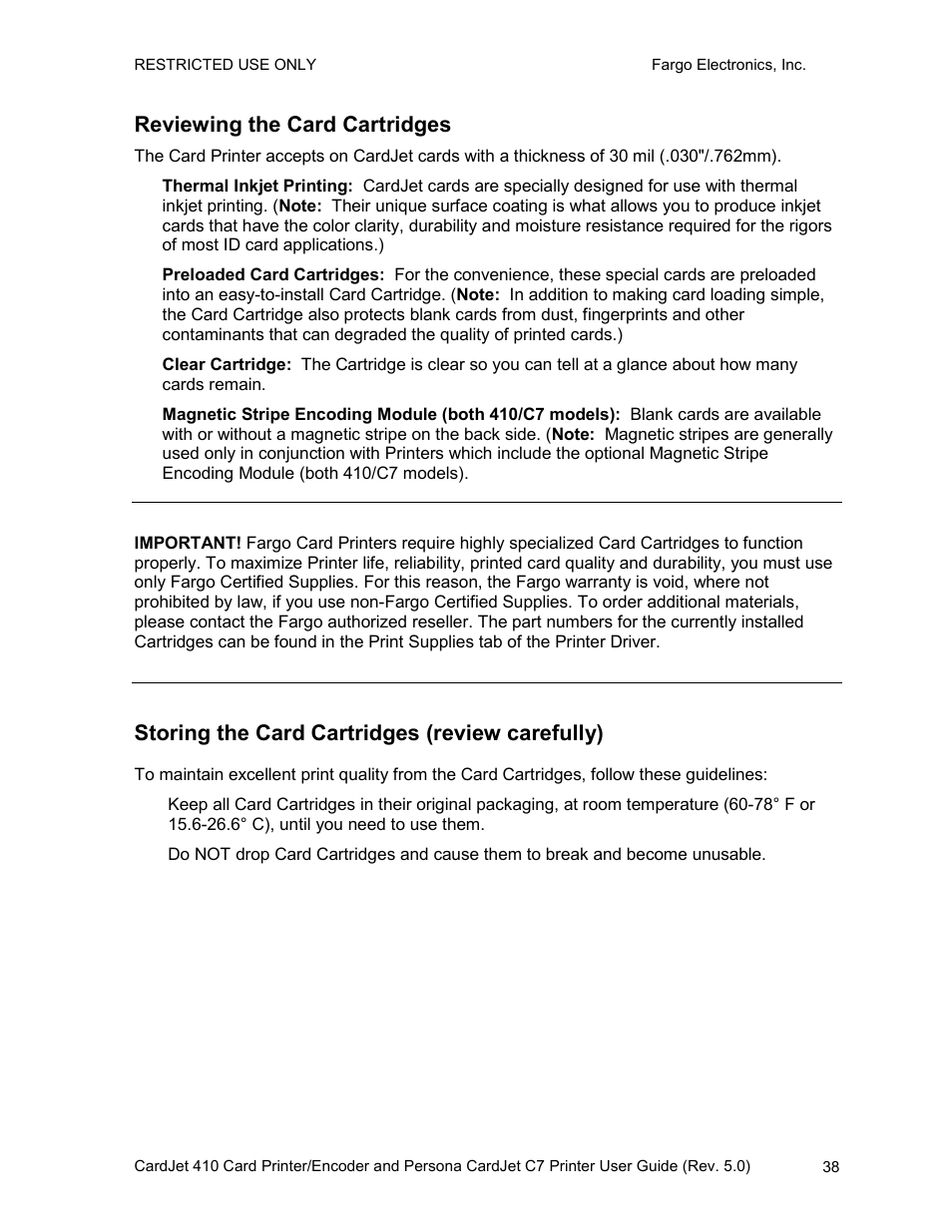 Reviewing the card cartridges, Storing the card cartridges (review carefully) | FARGO electronic 410 User Manual | Page 38 / 184
