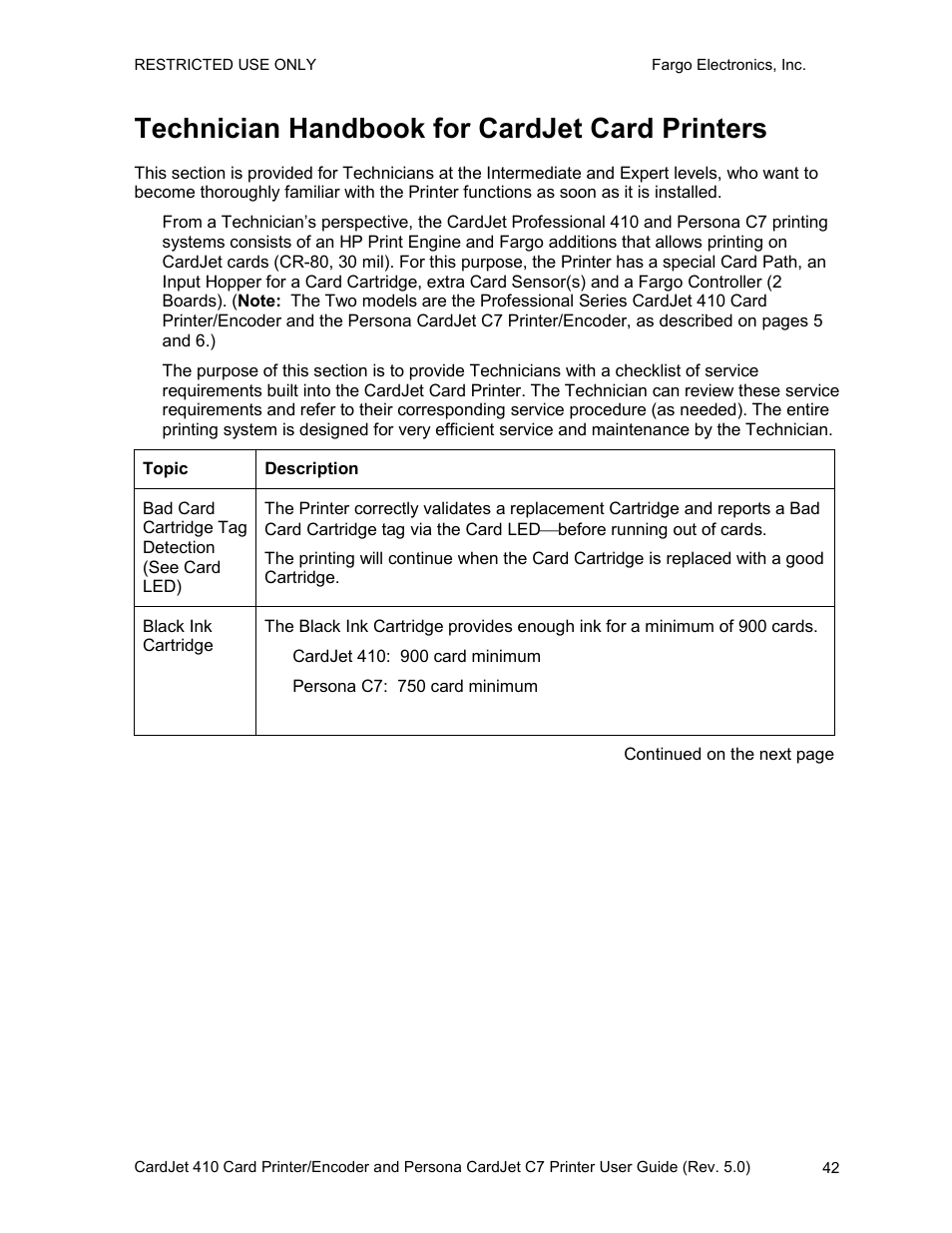Technician handbook for cardjet card printers | FARGO electronic 410 User Manual | Page 42 / 184