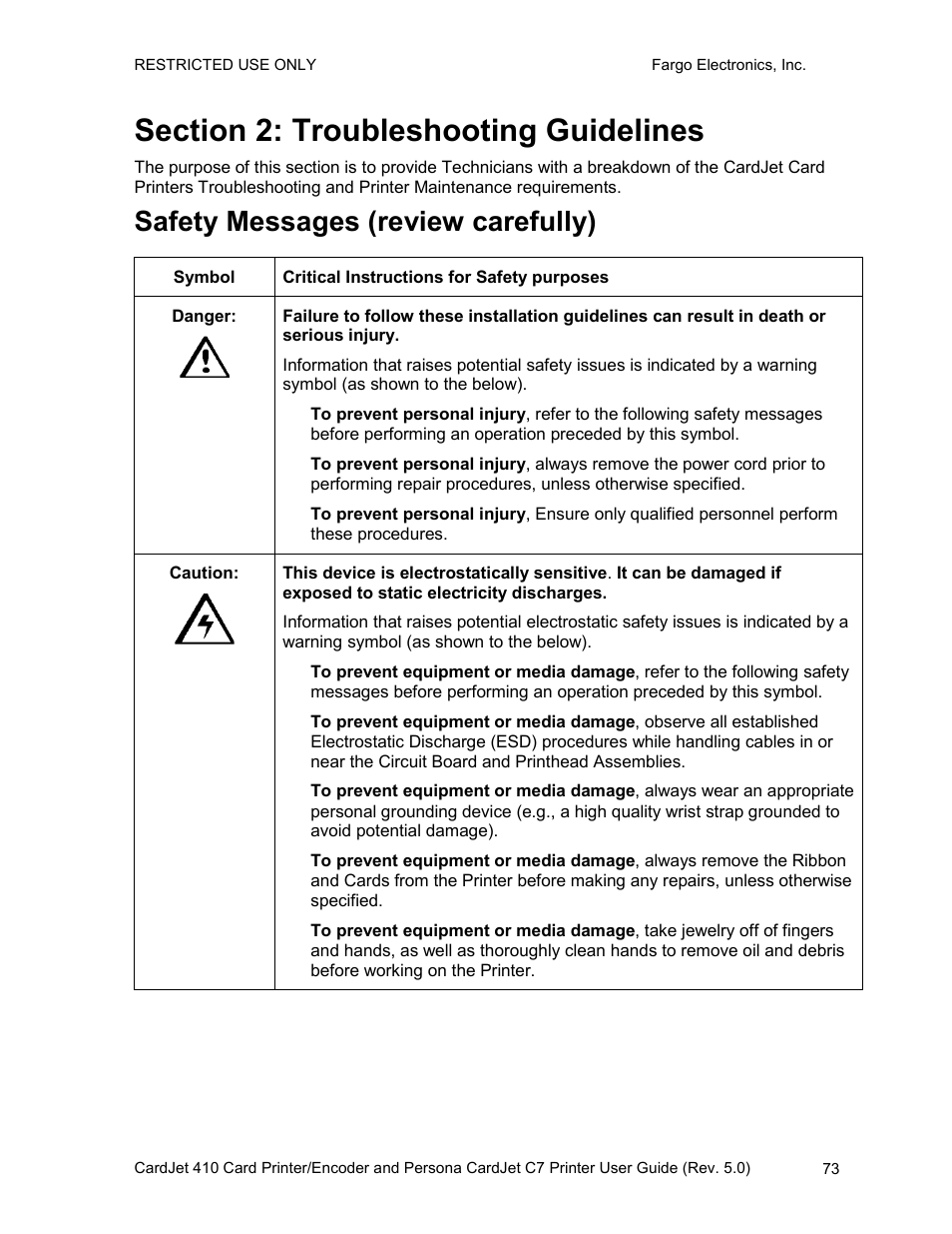 Section 2: troubleshooting guidelines, Safety messages (review carefully) | FARGO electronic 410 User Manual | Page 73 / 184