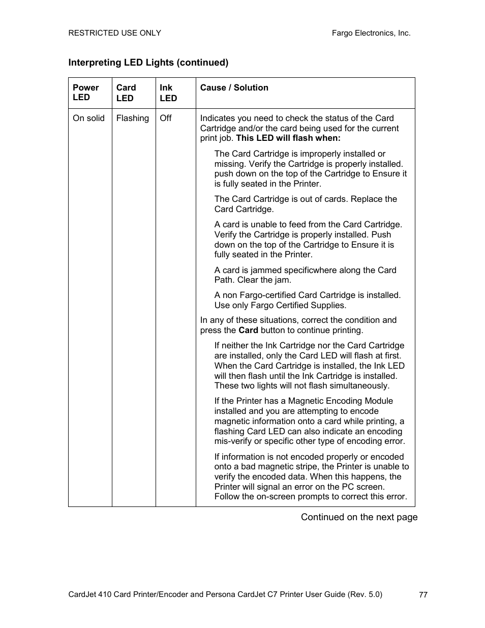 Interpreting led lights (continued) | FARGO electronic 410 User Manual | Page 77 / 184