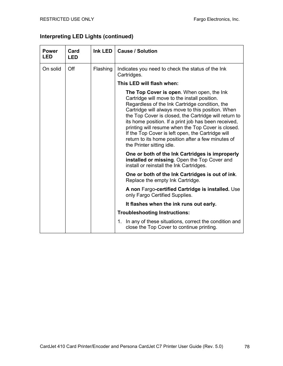 Interpreting led lights (continued) | FARGO electronic 410 User Manual | Page 78 / 184