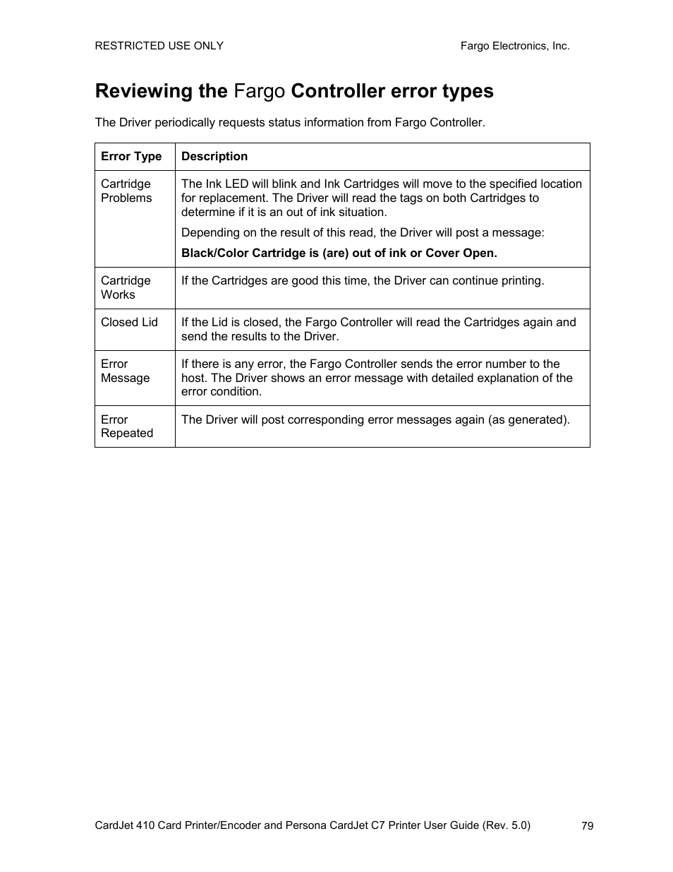 Reviewing the fargo controller error types | FARGO electronic 410 User Manual | Page 79 / 184